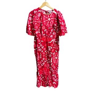 Rhode Women Red Pink Floral Flutter Sleeve Linen Blend Midi Dress Size 10